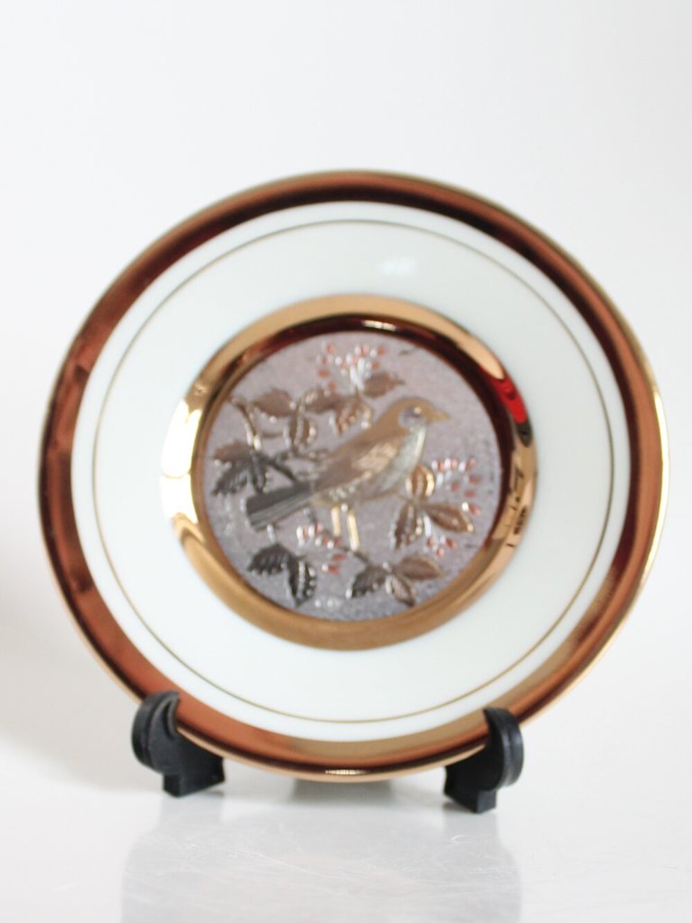 Chokin Bird on a Branch Metallic Miniature Plate 7980 of 9500 (Japan, 1987)